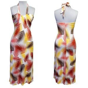 Boston Proper Womens M Tie Halter Maxi Dress Multicolor Foliage Vacation Beach‎